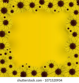 Vector illustration of sunflowers. 3D Yellow background. Spring print.