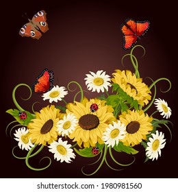 Vector illustration with sunflowers and daisies.Chamomiles, sunflowers and insects on a colored background in vector illustration.