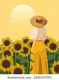 Ilustración vectorial. Campo de girasoles. Diseño para portada, afiche, postal, sello postal, portada, concepto de paquete.