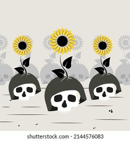 A vector illustration of sunflowers growing through soldier skulls who died in a battle. Life overcomes death and devastation