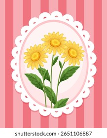 Vector illustration of sunflowers in a lace-edged oval frame against a pink striped background