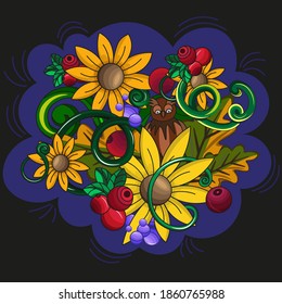 vector illustration with sunflowers, owl, leaves, berries and curls. All objects are separate
