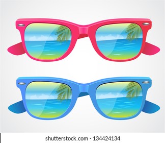 Vector illustration of sunglasses with colorful beach reflection