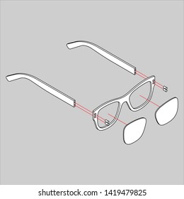 
Vector illustration of sunglasses in isometric style with shadows on isolated gray background.
Simplified instructions for assembling sunglasses or reading glasses.