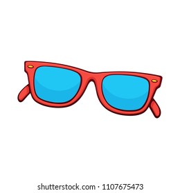 Vector illustration. Sunglasses with red plastic rimmed and blue lenses.  Hand drawn print with contour. Summer accessory. Eyewear for protection from sun beam. Isolated on white background