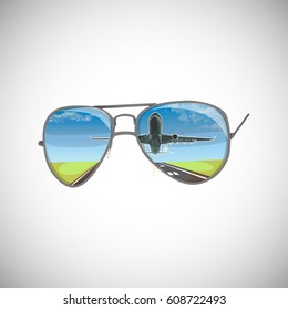 Vector illustration of sunglasses with reflection of airplane