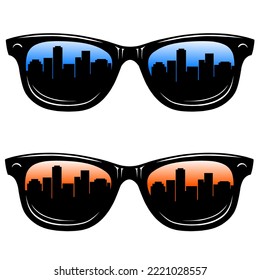 vector illustration of sunglasses with reflection in the glass of buildings in the afternoon and evening. eps format