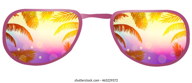 Vector illustration. Sunglasses  with the reflection of palm leaves, beach and sun on a white background.