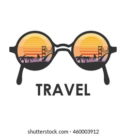 vector illustration / sunglasses with reflection of palms and bridge and beautiful sunset in 80s style for travel enthusiasts