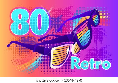 vector illustration sunglasses retro style on dark background, futuristic image, t-shirt printing