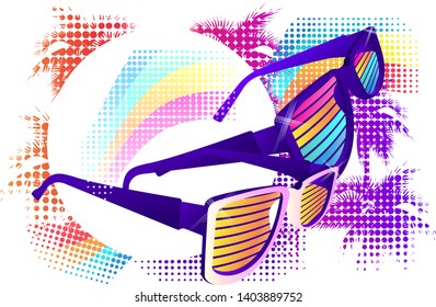vector illustration sunglasses retro style isolated on white background, pixel city silhouette