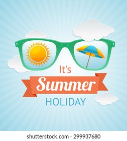 Vector Illustration sunglasses summer card background.The concept of a good beach holiday