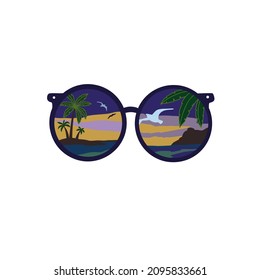 vector illustration. sunglasses with tropical ocean views. palm trees, seagulls, ocean. perfect for T-shirts, accessories