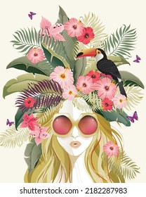 Ilustración vectorial de una mujer con gafas de sol con ramo de flores en su cabello en primavera para Boda, aniversario, cumpleaños y fiesta. Diseño de banner, afiche, tarjeta, invitación y libro de recortes	