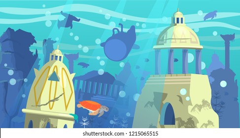 Dibujo vectorial de la ciudad hundida de Atlantis con batiscaphe, animales submarinos y rocas en el fondo.