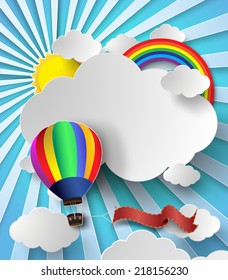 Vector illustration sunlight on cloud with hot air balloon.paper art style