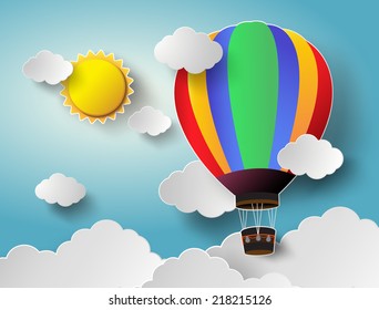 Vector illustration sunlight on cloud with hot air balloon. paper art style.