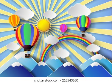 Vector illustration sunlight on cloud with hot air balloon.paper art style.