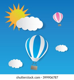 Vector illustration sunlight on cloud with hot air balloon.
