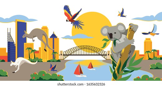 Vector illustration of sunny Australia cityscape with wild animals. Koala, kangaroo and parrot near the river at sunrise