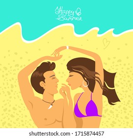 Vector illustration of a sunny beach. Beach background. Loving couple sunbathe on the sea sand.