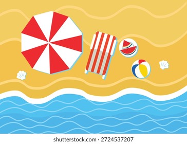 Ilustração vetorial de um fundo de praia ensolarado com acessórios à beira-mar.