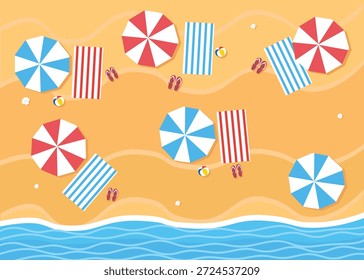 Ilustração vetorial de um fundo de praia ensolarado com acessórios à beira-mar.