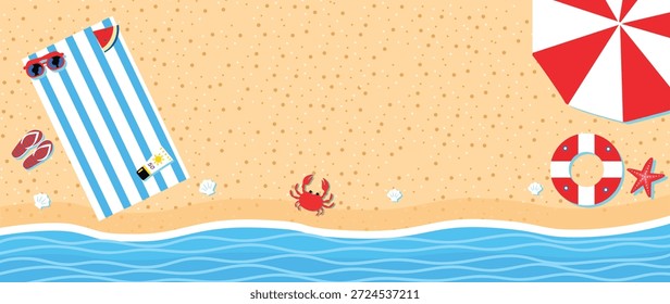 Ilustração vetorial de um fundo de praia ensolarado com acessórios à beira-mar.