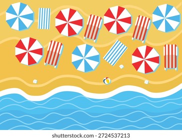 Ilustração vetorial de um fundo de praia ensolarado com acessórios à beira-mar.