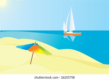 vector illustration of sunny beach with colorful umbrella and sea boat in blue sea at the horizon