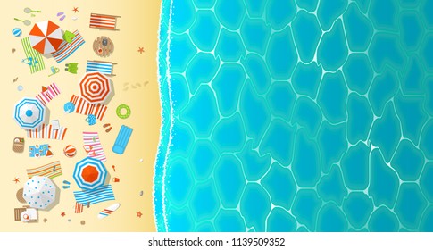 Vector illustration. Sunny beach view from above. Summertime - sea, sand, umbrellas, towels, chairs, clothes, objects. (Top view)