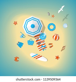 Vector illustration. Sunny beach view from above. Summertime - sea, sand, umbrellas, towels, clothes, objects. (Top view)