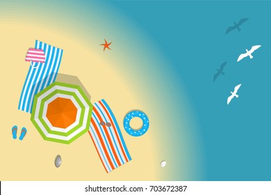 Vector illustration. Sunny beach view from above. Summertime - sea, sand, umbrellas, towels, objects. (Top view) 
