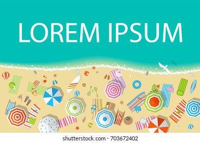 Vector illustration. Sunny beach view from above. Summertime - sea, sand, umbrellas, towels, chairs, clothes, objects. (Top view)