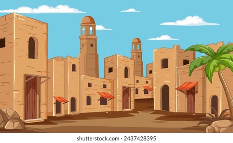 Vector illustration of a sunny desert town scene