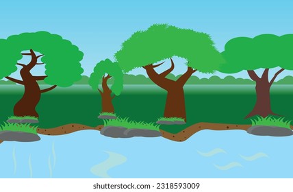 Vector illustration of a sunny forest, mountains and a river. Cartoon style wallpaper, flyer, banner or landing page. Camping place in the wood near the water.