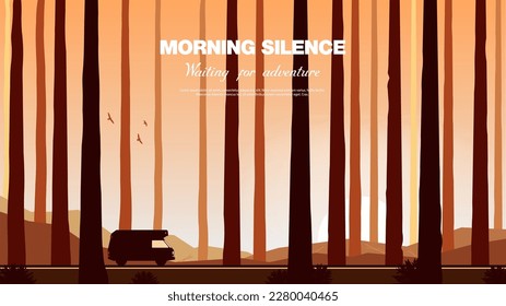 Vector illustration. Sunny forest. Traveling in a van. Giant trees. Atmospheric background.