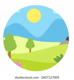 Vector illustration of a sunny landscape with green hills, trees, mountains, and a bright sun in the sky. Perfect for nature, outdoor, travel, and eco-friendly concepts.