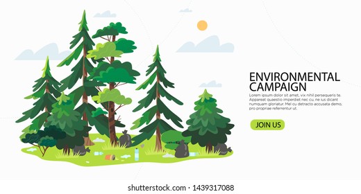 Vector illustration of a sunny meadow in the forest polluted with rubbish left by people. Ecological problems and wood pollution with plastic wallpaper, flyer, banner or landing page. Human ignorance.