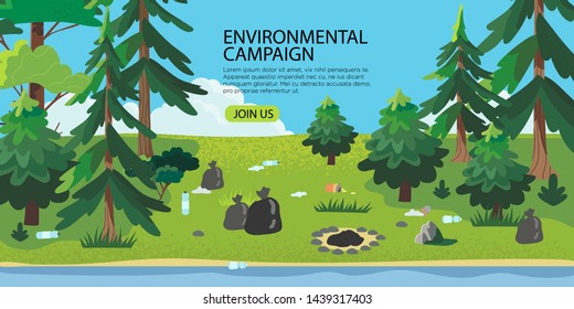 Vector illustration of a sunny meadow in the forest polluted with rubbish left by people. Ecological problems and wood pollution with plastic wallpaper, flyer, banner or landing page. Human ignorance.