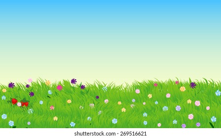 Vector illustration of sunny meadow with green grass and flowers