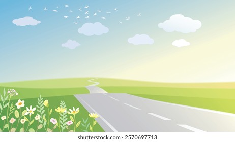 Vector illustration of a sunny meadow with a winding road, small flowers, and a warm toned sky, ideal as a backdrop, background