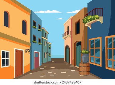 Vector illustration of a sunny Mediterranean alleyway