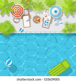 Vector illustration. Sunny patio with pool view from above. Romantic summer vacation - pool, umbrellas, palm, sunbeds, table. (Top view) 