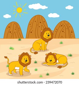 Vector illustration (sunny safari day with lions)