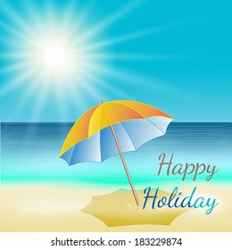 vector illustration of sunny sea beach with umbrella