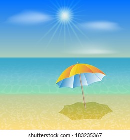 Vector illustration of sunny sea beach with umbrella