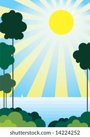 Vector illustration of a sunny seascape with high trees.
