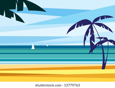 Vector illustration of a sunny seascape with palms.