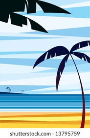 Vector illustration of a sunny seascape with palms.